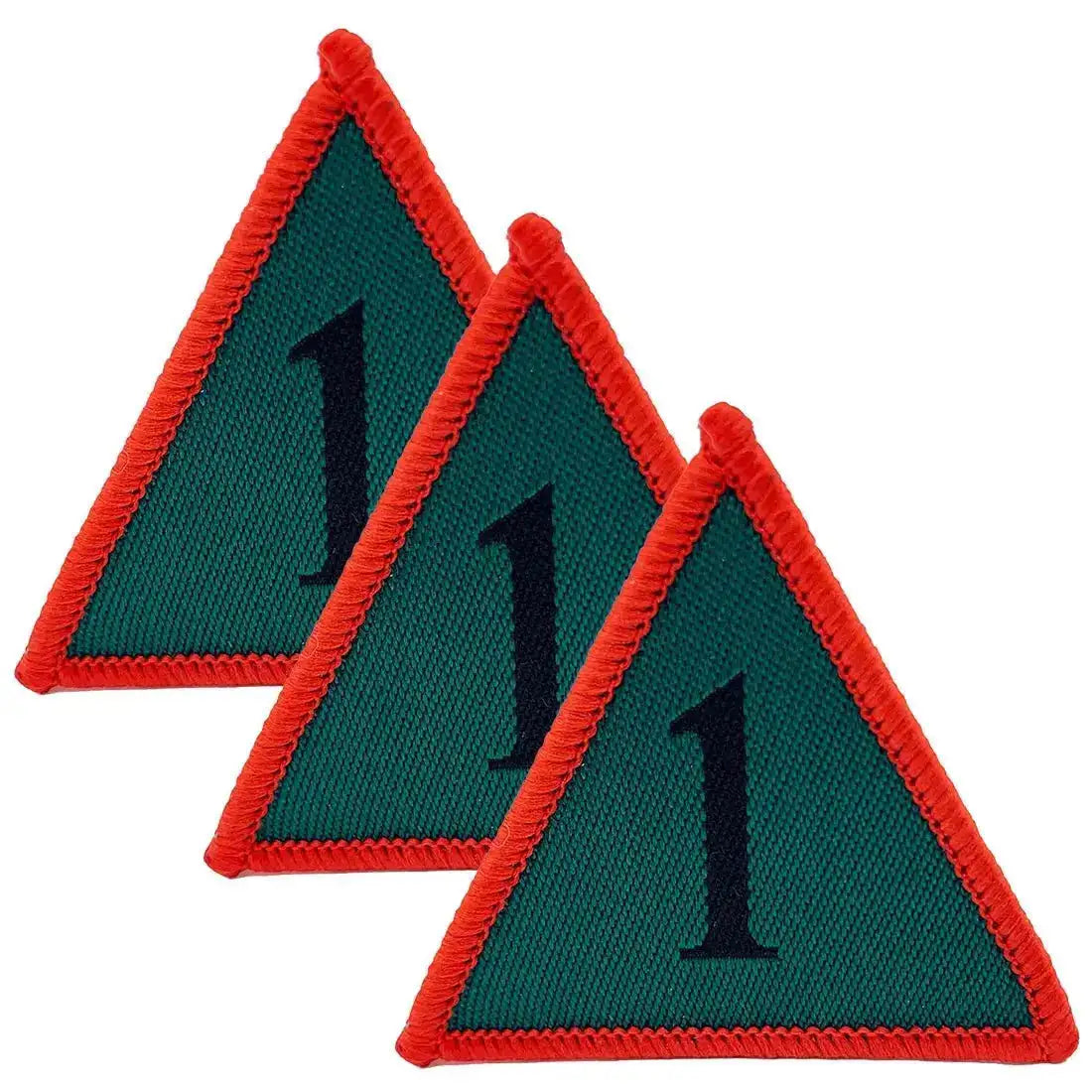 Pack of three 1st Armoured Brigade TRF patches in red, green, and black color scheme, iron or sew on, ideal for military apparel. Red (Coloured) from John Bull Clothing
