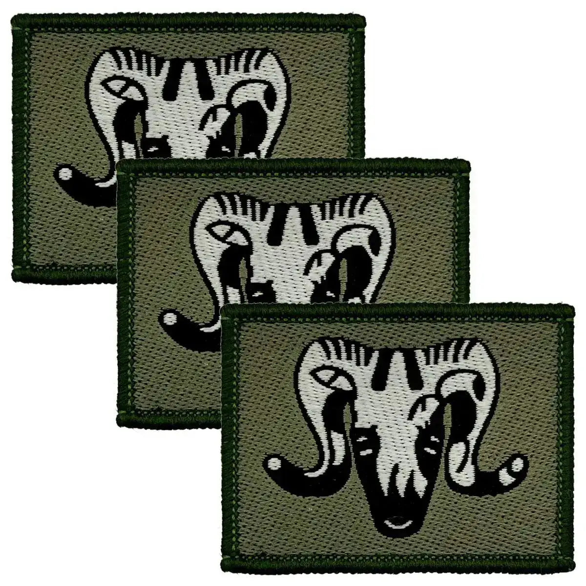 Set of three 1 Artillery Brigade TRF iron on flashes with ram skull design on olive green background, ideal for military uniforms. 3 Pack from John Bull Clothing