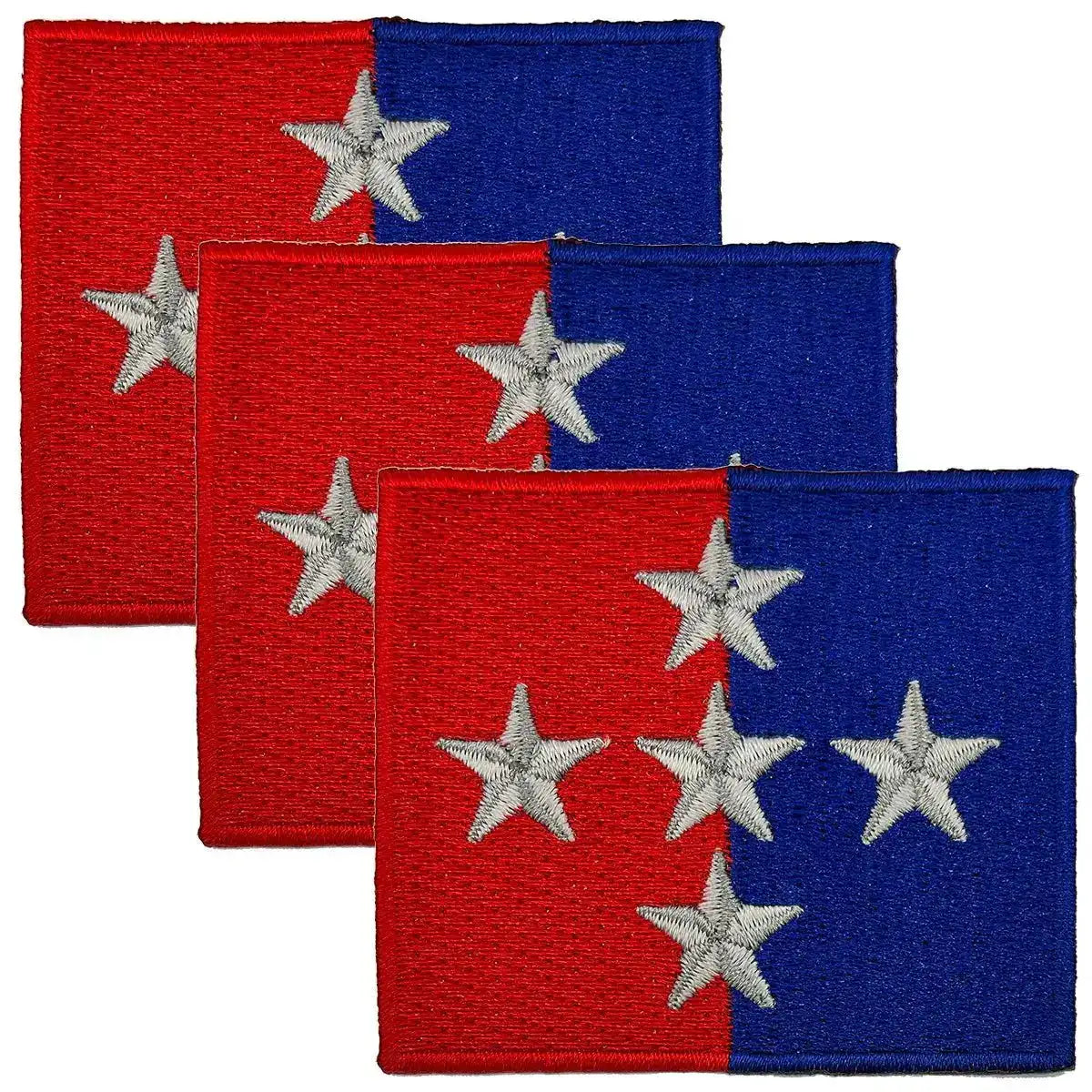 Set of four 1 Royal Military Police Brigade TRF patches with red and blue background and silver stars, iron or sew on, from John Bull Clothing. 3 Pack from John Bull Clothing