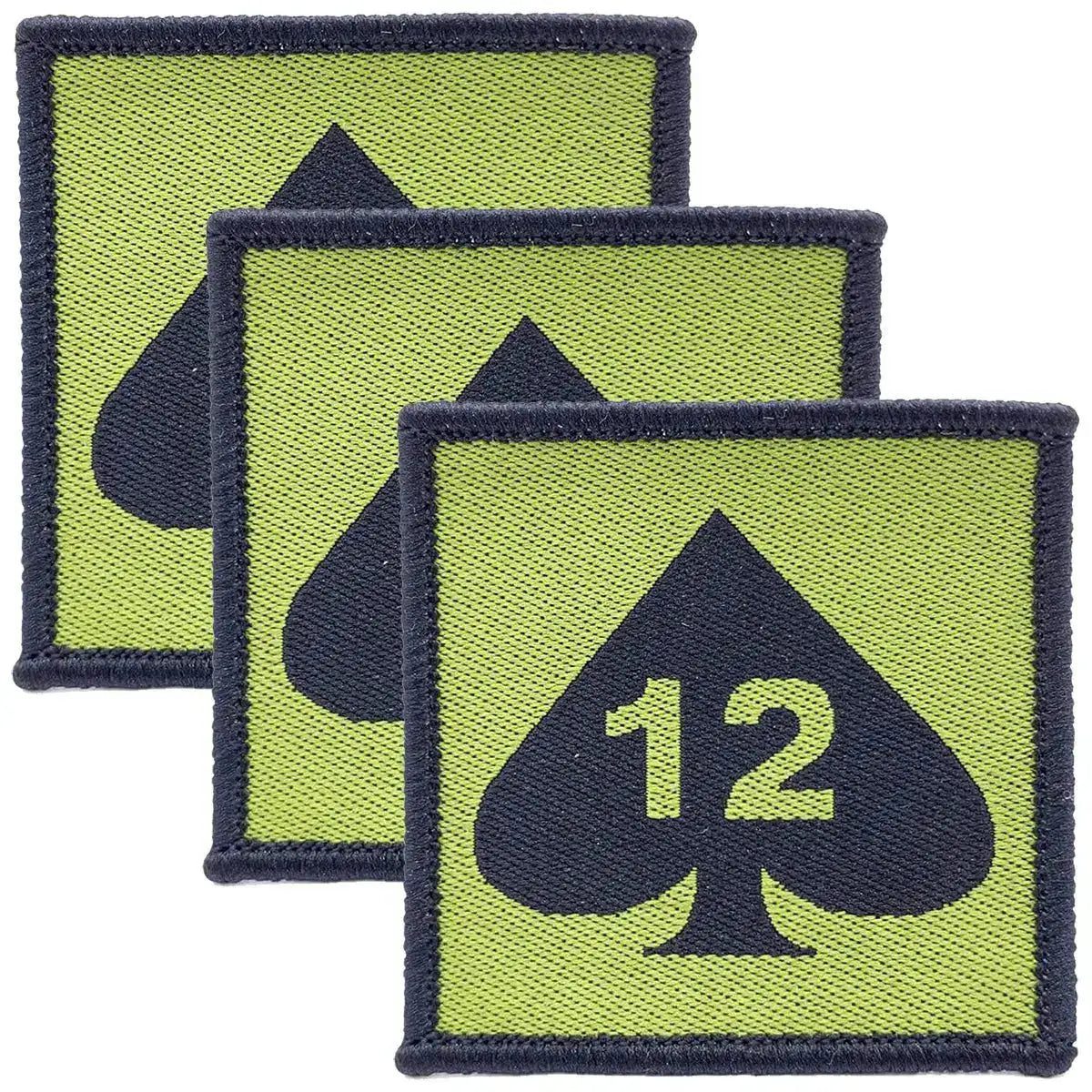 Set of three 12 Armoured Infantry Brigade TRF patches with hook & loop backing, featuring black spade and number 12 on green background. 3 Pack from John Bull Clothing