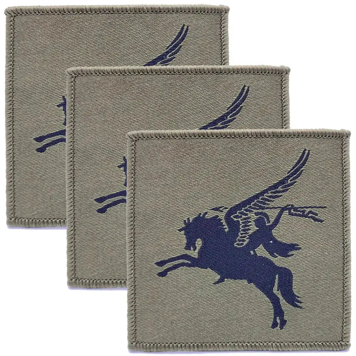 Set of three green 16 Air Assault Pegasus Brigade TRF patches with dark blue Pegasus design, ideal for tactical military uniform application. Green/Black from John Bull Clothing