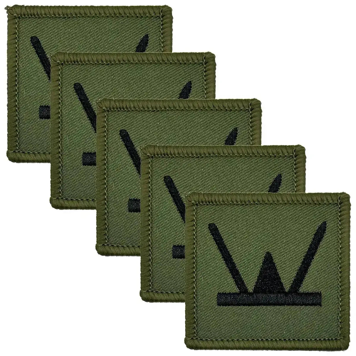 Pack of five subdued 160 Welsh Brigade TRF patches in olive green with black insignia, designed for tactical military uniforms. Green/Black from John Bull Clothing
