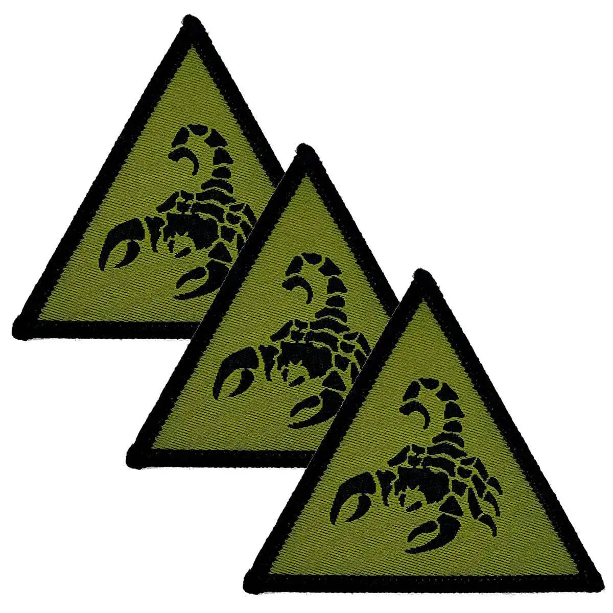 Set of three 1st Deep Strike Recce Brigade Combat Team iron-on TRF patches in green and black, featuring a scorpion emblem on a triangular design. Green/Black from John Bull Clothing