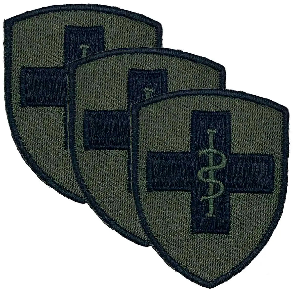 Set of three 2 Medical Brigade TRF patches with green background and black cross, ideal for military uniforms. Iron or sew-on cotton patches. 3 Pack from John Bull Clothing