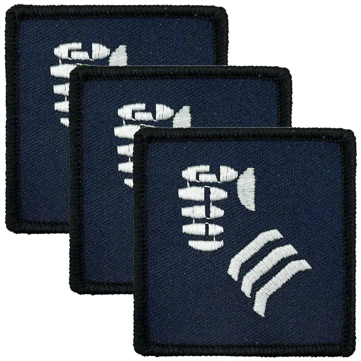 Set of three navy blue 20th Armoured Infantry Brigade TRF iron-on patches with white embroidered insignia, ideal for military apparel. Blue/White from John Bull Clothing