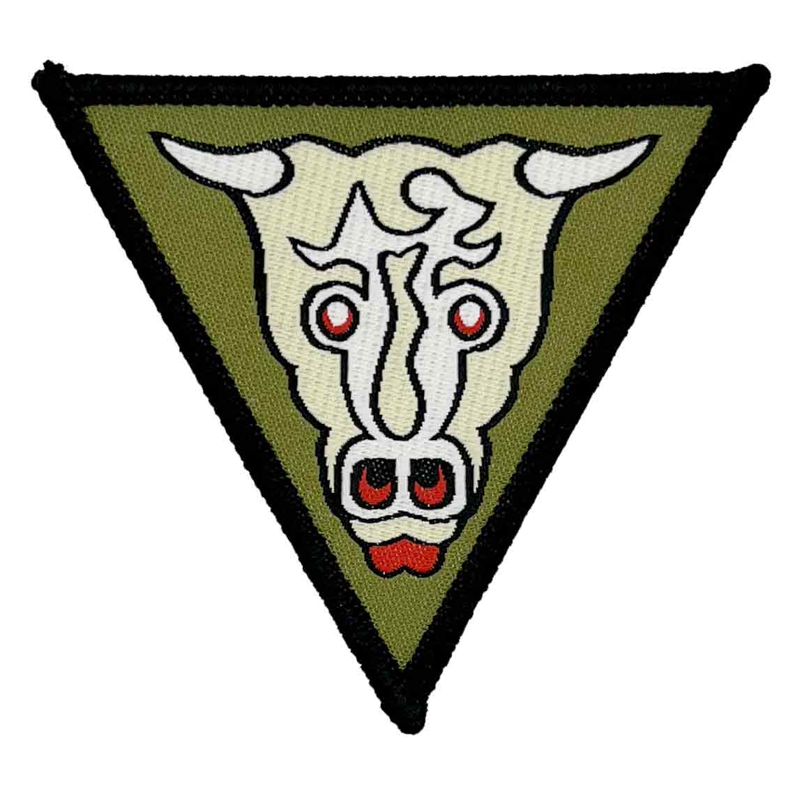 Single 32 Engineer Regiment Iron On TRF Badge Winston Bull patch with a green triangular design, white bull emblem, and black border for military apparel.