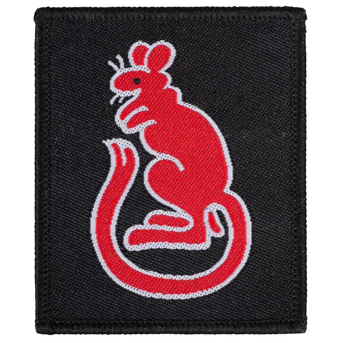 Single 7th Armoured Brigade Desert Rat TRF patch with red rat on black background, regulation Velcro patch for military apparel. Red (Coloured) from John Bull Clothing