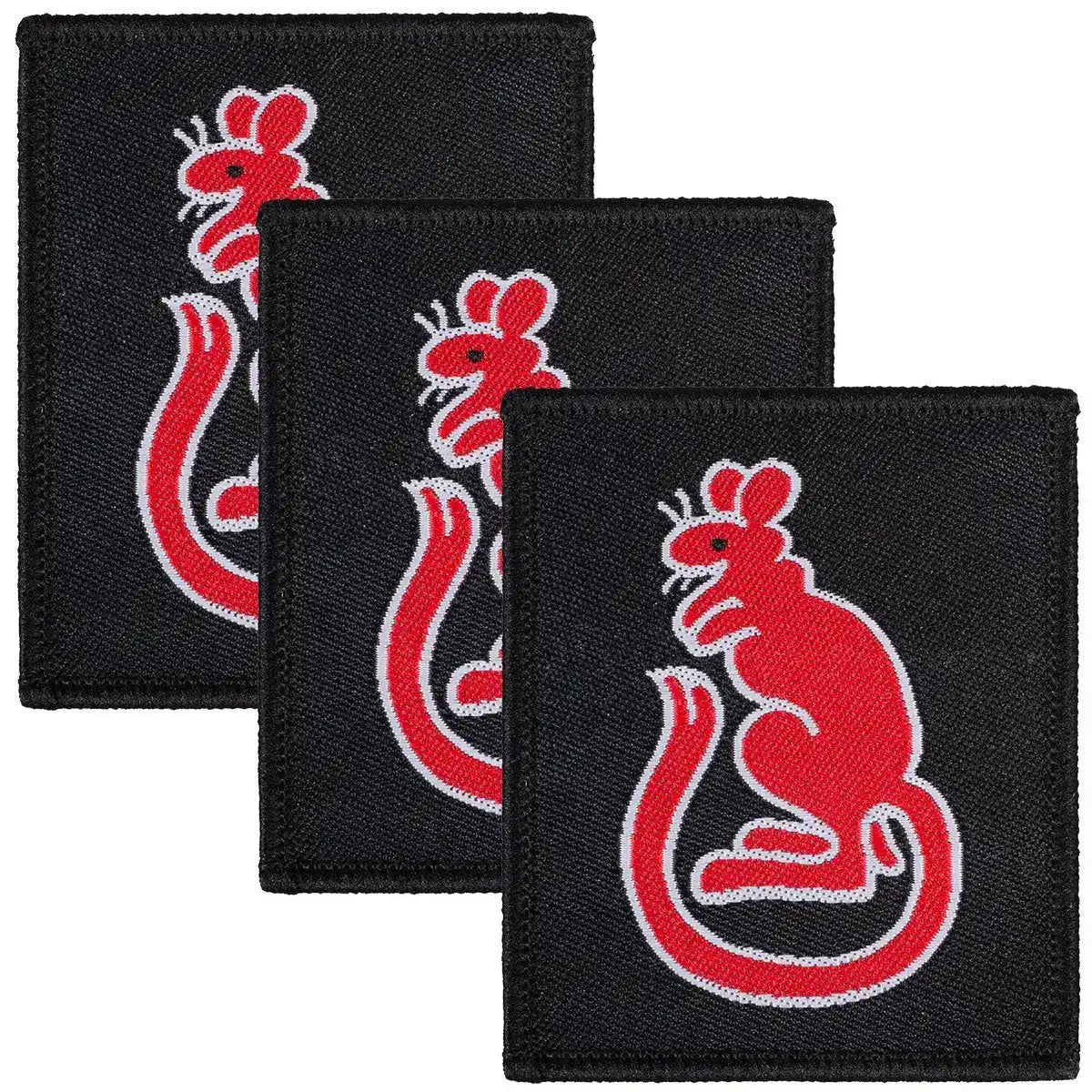 Set of three 7th Armoured Brigade Desert Rat TRF patches with red rat on black background, hook and loop backing for military uniforms. Red (Coloured) from John Bull Clothing