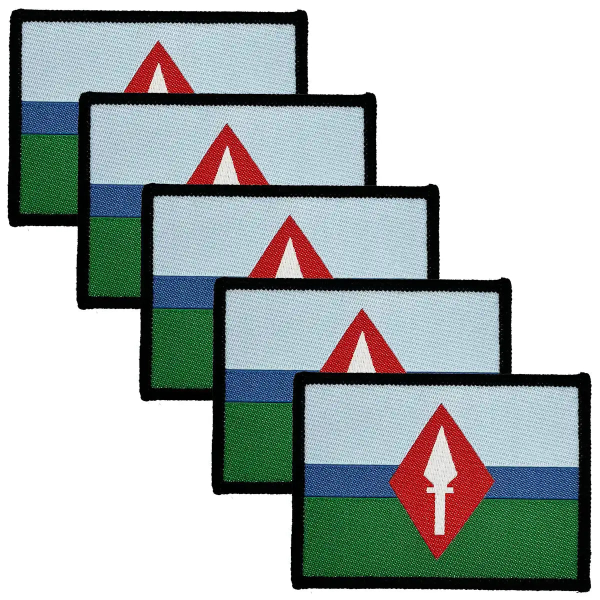 Close-up of 7th Signal Group TRF embroidered patch with red arrow emblem, colorful stripes, black border, military badge 5 Pack from John Bull Clothing