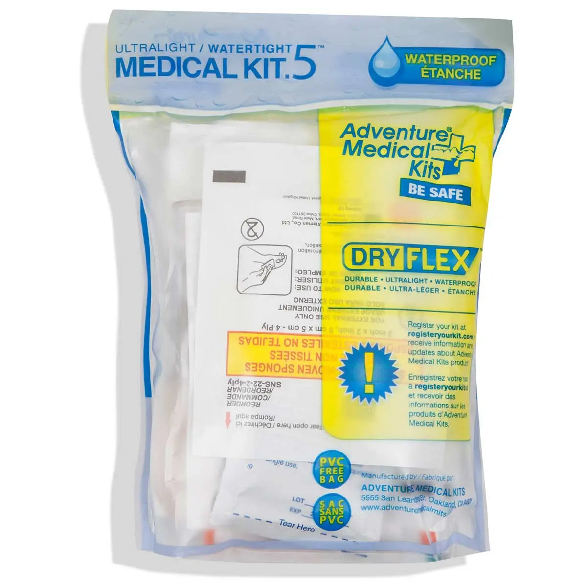 Close-up of AMK Ultralight Medical Kit Watertight First Aid Kit 5 sealed in a transparent DryFlex waterproof pouch, ideal for emergency preparedness.
