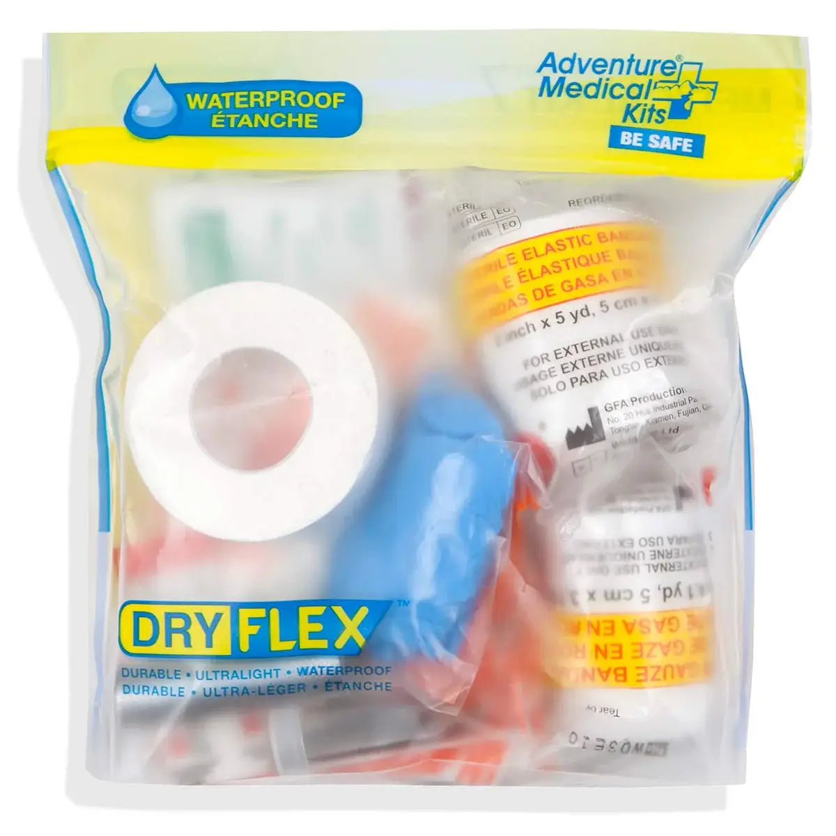 Detailed view of AMK Ultralight Medical Kit Watertight First Aid Kit 7 showing tightly packed medical essentials in a clear DryFlex waterproof bag.