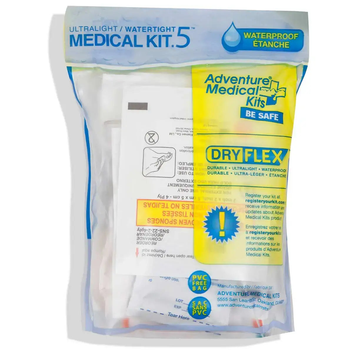 Close-up of AMK Ultralight Medical Kit Watertight First Aid Kit 5 sealed in a transparent DryFlex waterproof pouch, ideal for emergency preparedness. from John Bull Clothing