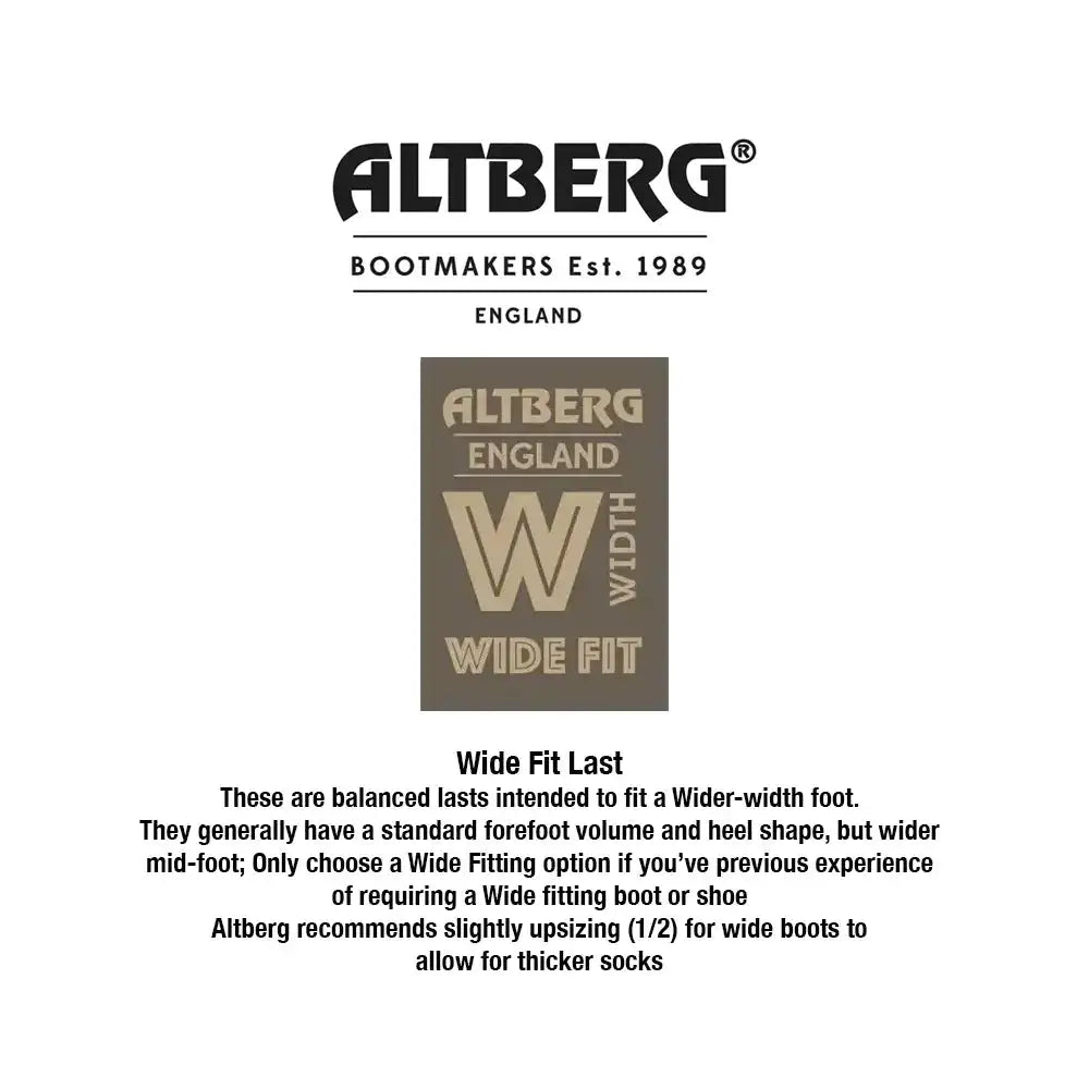 A white informational graphic for Altberg boot fitting, featuring the Altberg logo at the top, a central brown square with 'Altberg England Wide Fit' and a large 'W', and black explanatory text below about wide-fit lasts. from John Bull Clothing