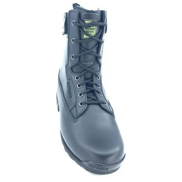 Front view of the Altberg Falcon Pilot Black Boot MK3, showcasing its reinforced toe cap, secure lace system, and high-quality black leather construction.