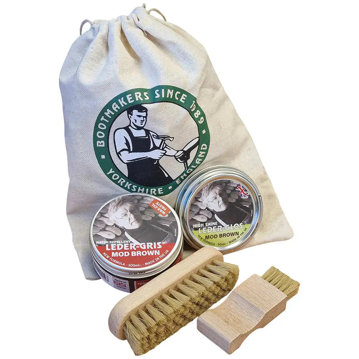 Boot care kit with brushes and polish tins Brown from John Bull Clothing