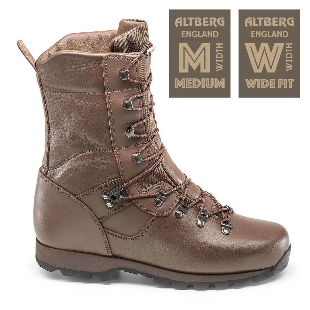 Brown leather boot with laces on a white background, featuring Altberg England branding.