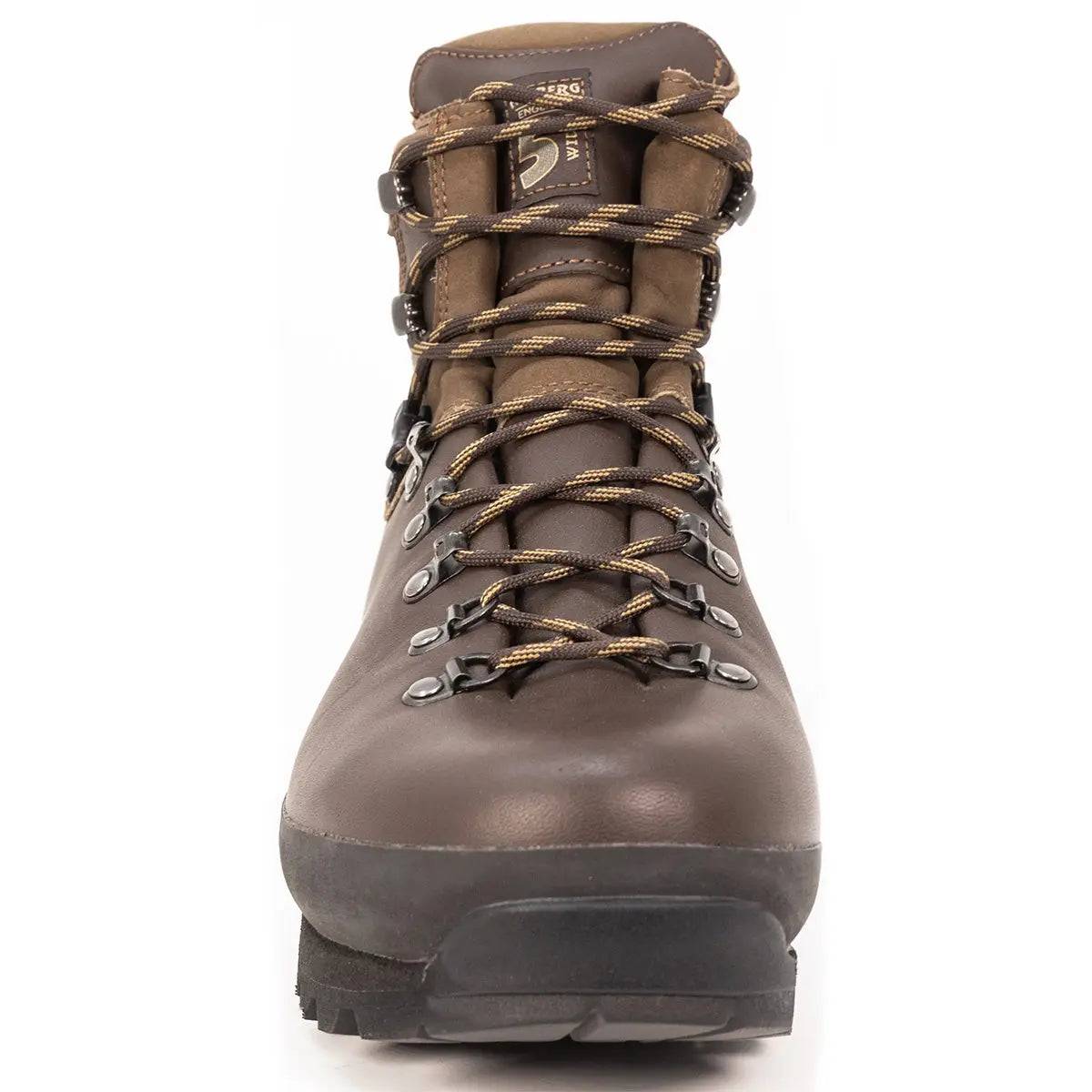 Close-up front view of Altberg Tethera Men's Leather Walking Boot, emphasizing sturdy laces, metal eyelets, and high-quality leather for durability.