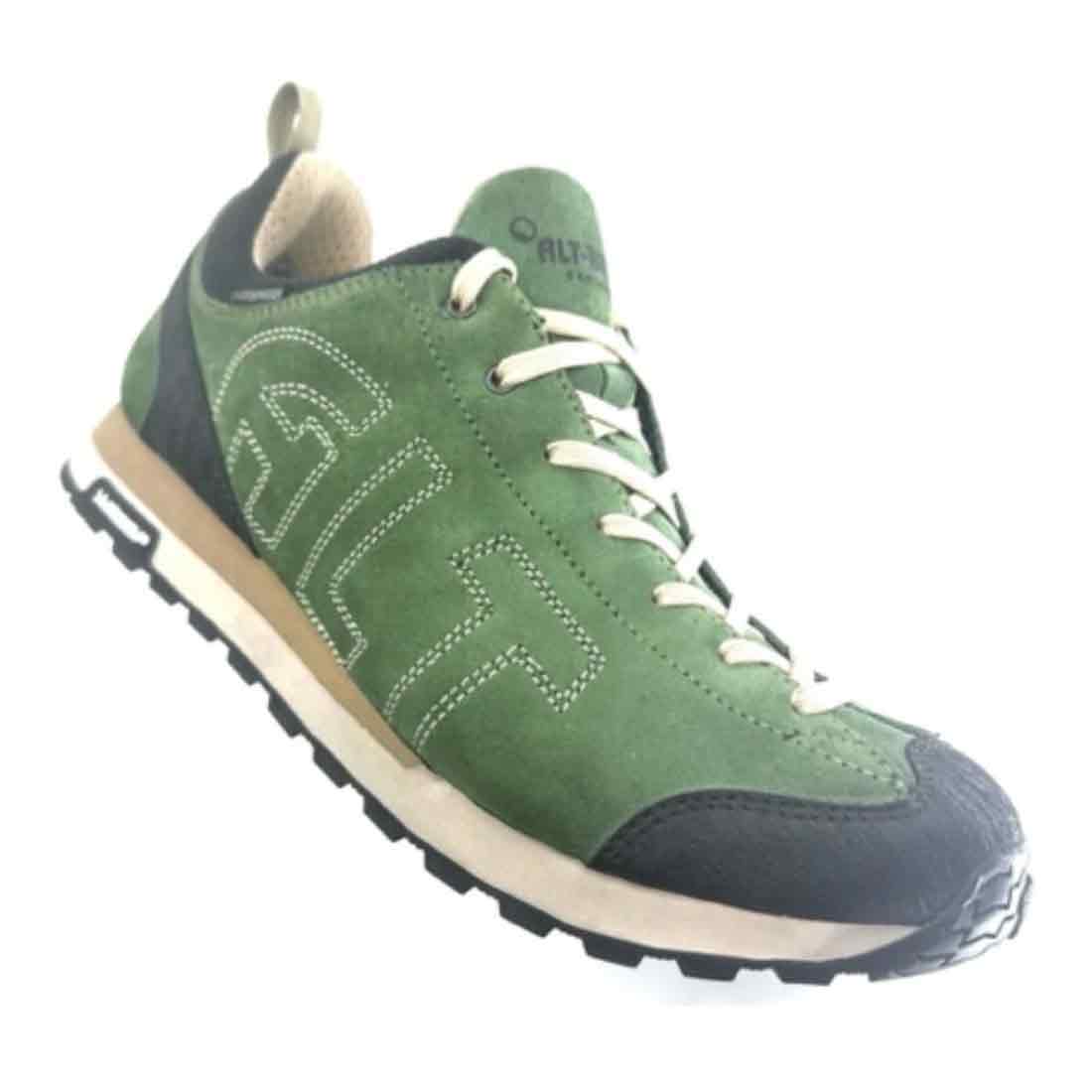 Altberg Wensley Waterproof Outdoor Shoe in green suede with beige laces and rugged sole, ideal for hiking and outdoor adventures.