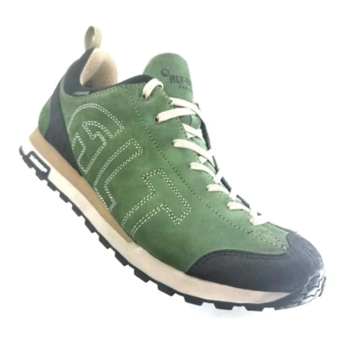 Altberg Wensley Waterproof Outdoor Shoe in green suede with beige laces and rugged sole, ideal for hiking and outdoor adventures. from John Bull Clothing