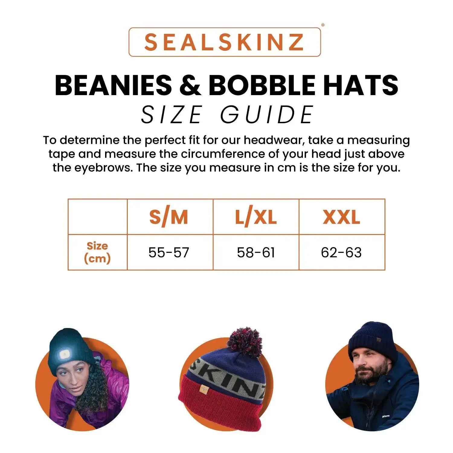 SealSkinz beanies and bobble hats size guide, providing head circumference measurements in centimeters for S/M, L/XL, and XXL sizes. from John Bull Clothing