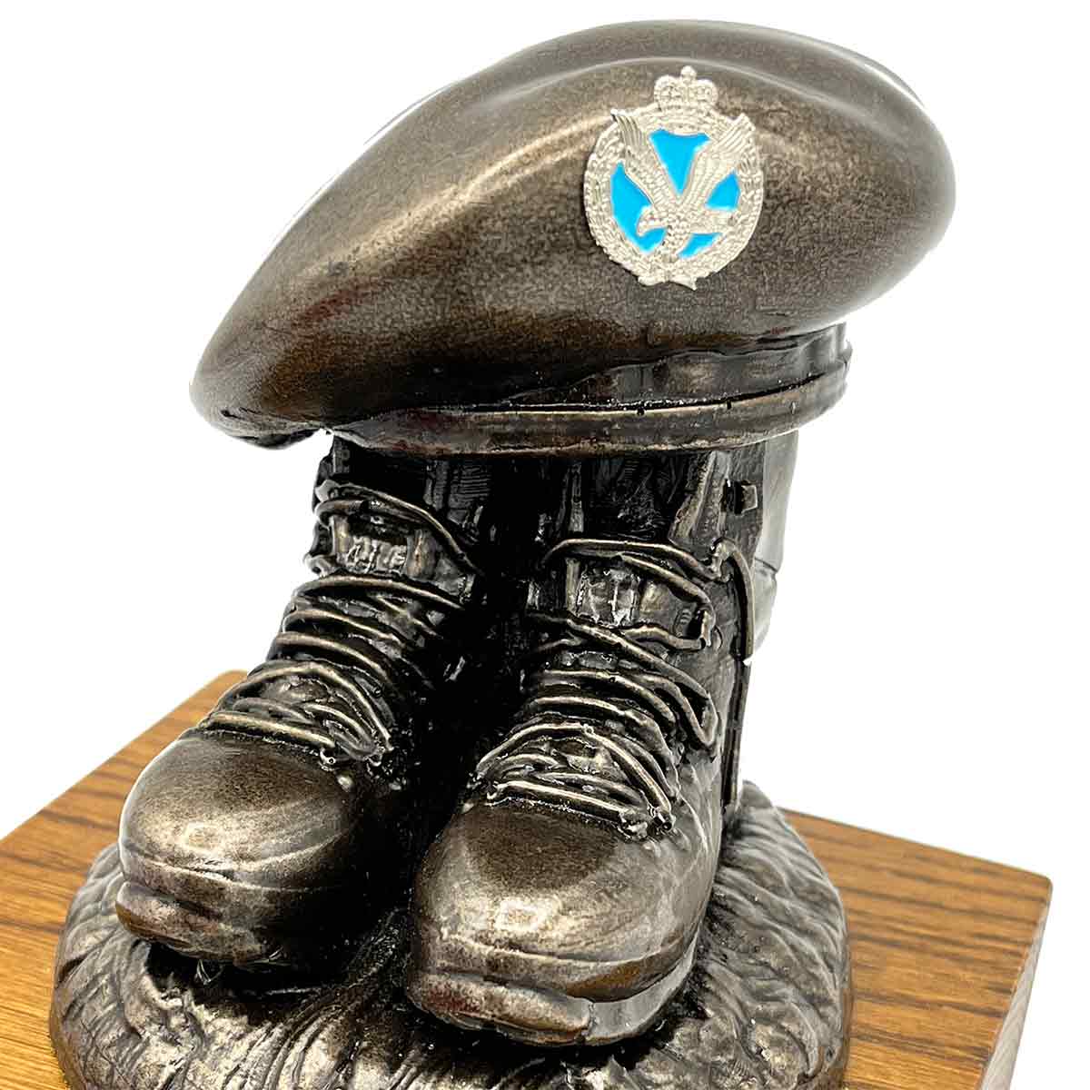 Beret and Boots Statue Bronze Resin on Oak Base | John Bulls with blue and silver cap badge, customizable military gift sculpture.