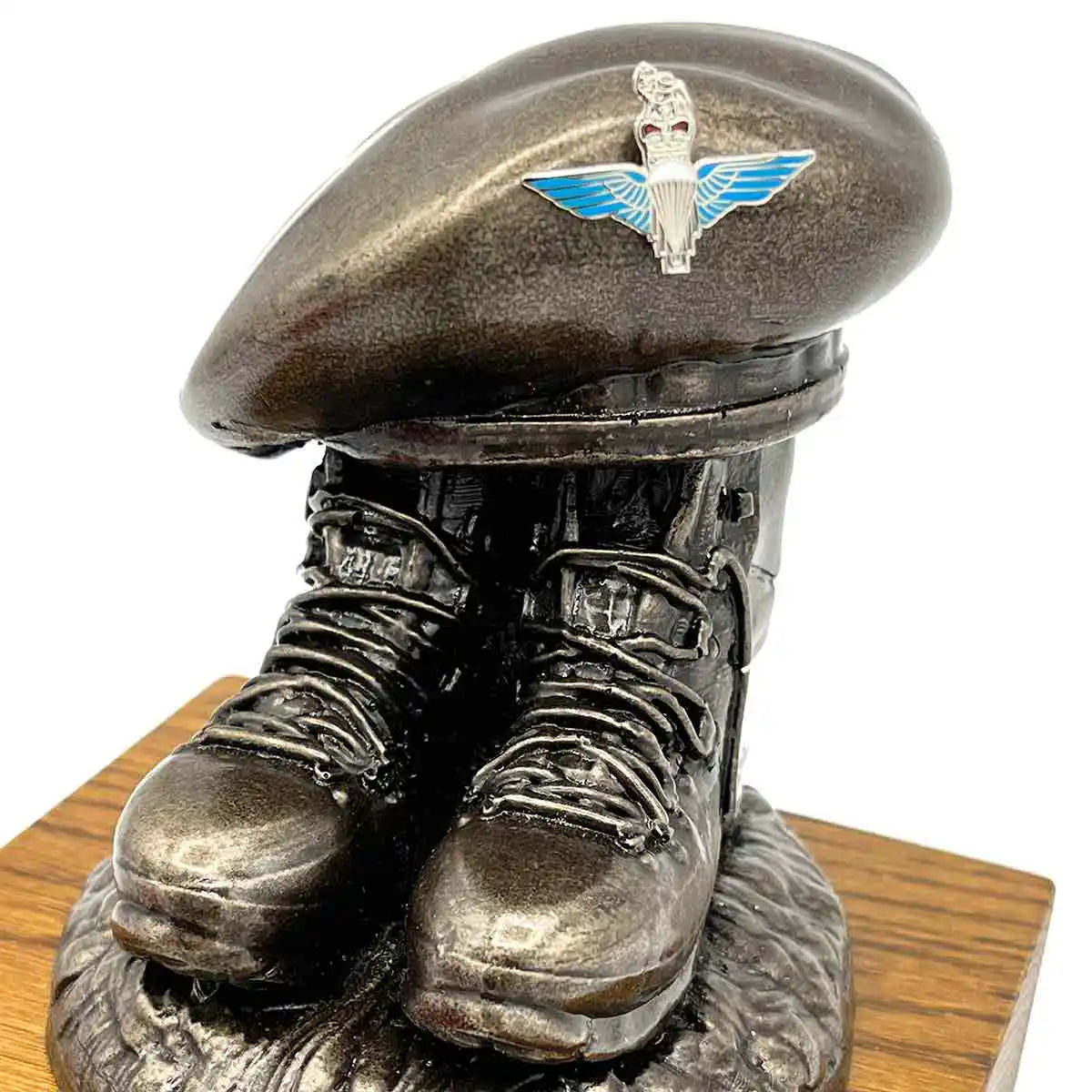 Beret and Boots Statue Bronze Resin on Oak Base | John Bulls with airborne wings badge, perfect for paratrooper tribute decor. Colour Enamel Badge from John Bull Clothing
