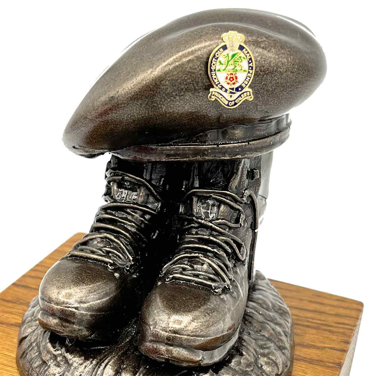 Beret and Boots Statue Bronze Resin on Oak Base | John Bulls with regimental crest, custom army sculpture for home or office.