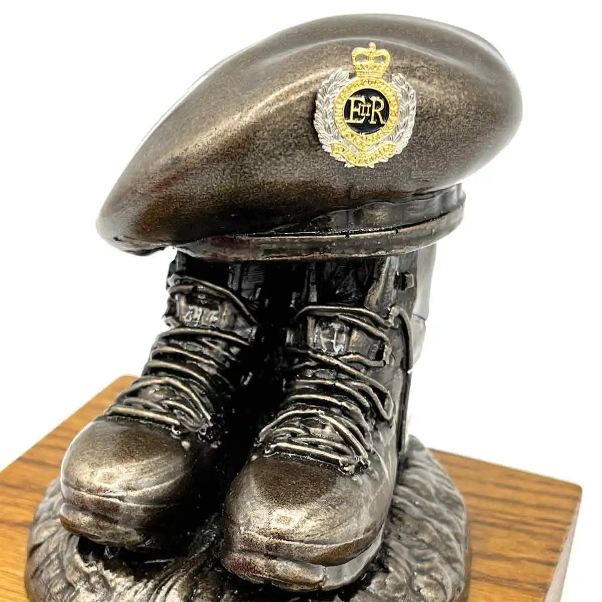 Beret and Boots Statue Bronze Resin on Oak Base | John Bulls with royal insignia badge, elegant military-themed home decor. Colour Enamel Badge from John Bull Clothing