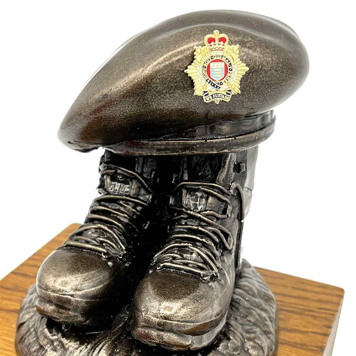Bronze Beret and Boots Statue on Oak Base | John Bulls with police-style cap badge, ideal for uniformed service recognition.