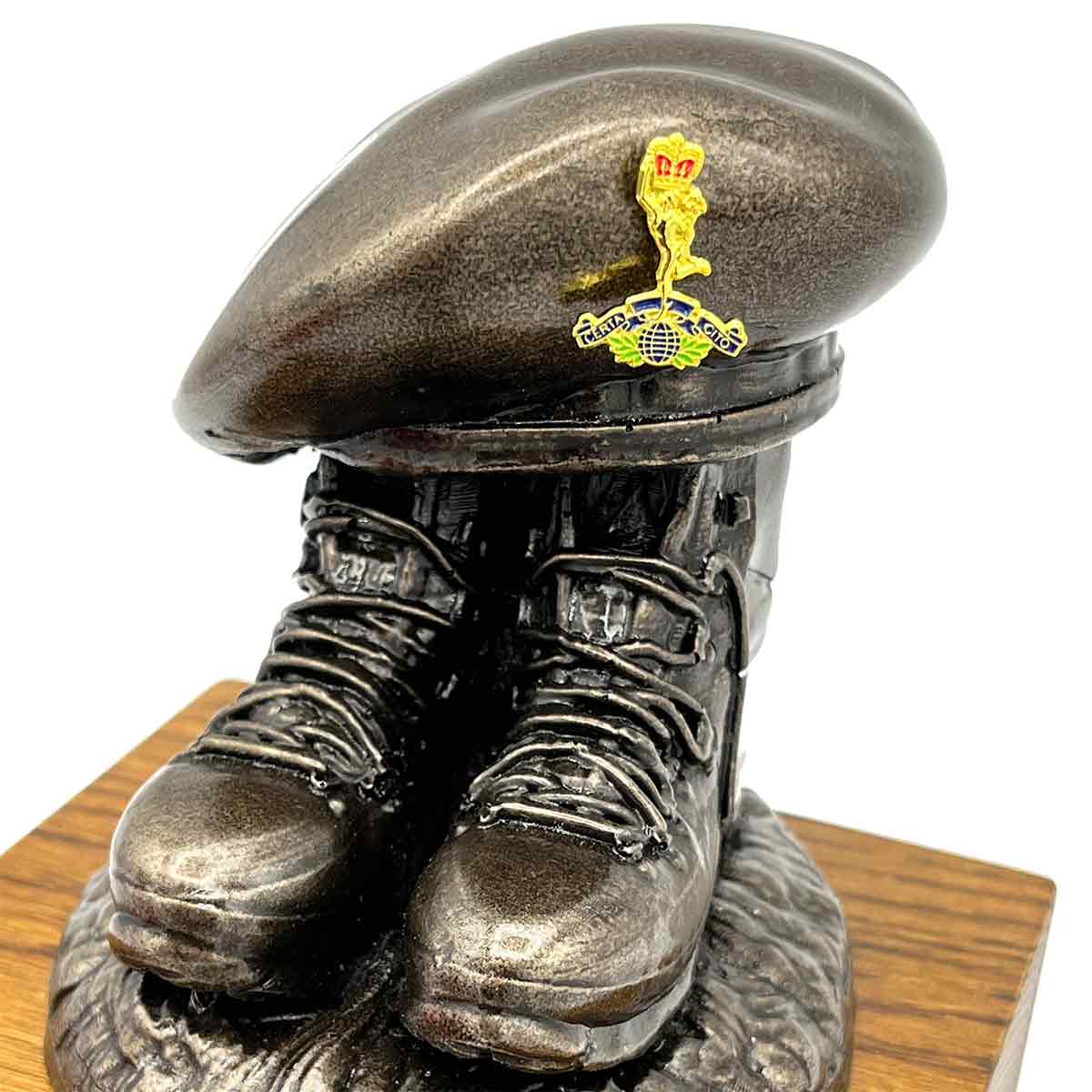 Bronze Resin Beret and Boots Statue on Oak Base | John Bulls with artillery badge, perfect for military retirement gifts.