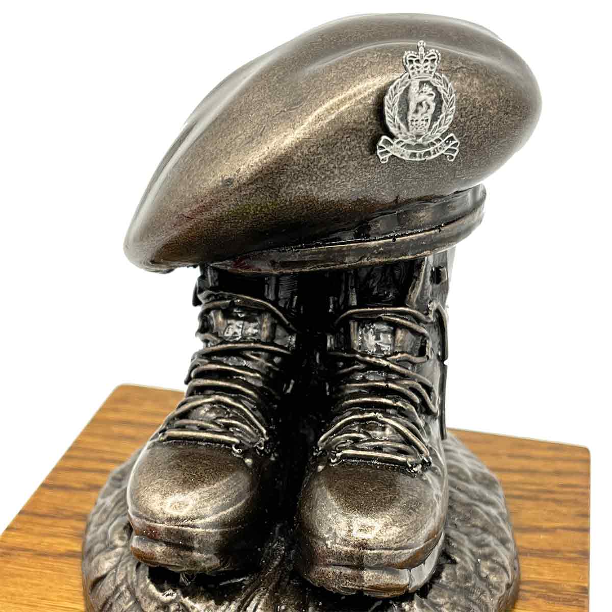Bronze Beret and Boots Statue on Oak Base | John Bulls with silver regimental badge, perfect for military award presentations.