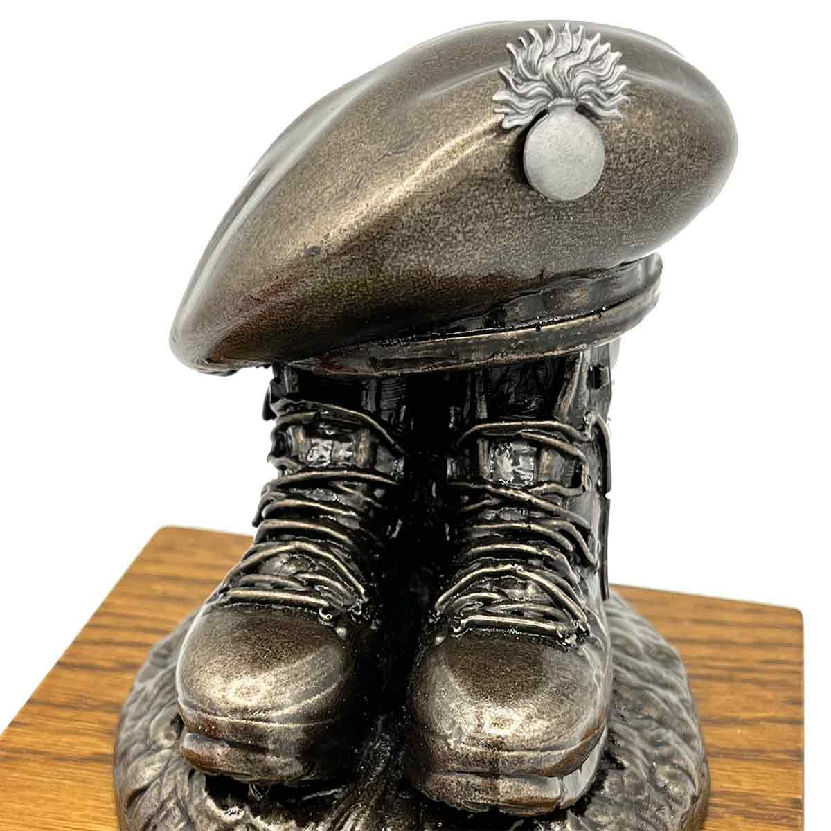 Bronze Beret and Boots Statue on Oak Base | John Bulls with round badge, ideal for commemorative army gifts.