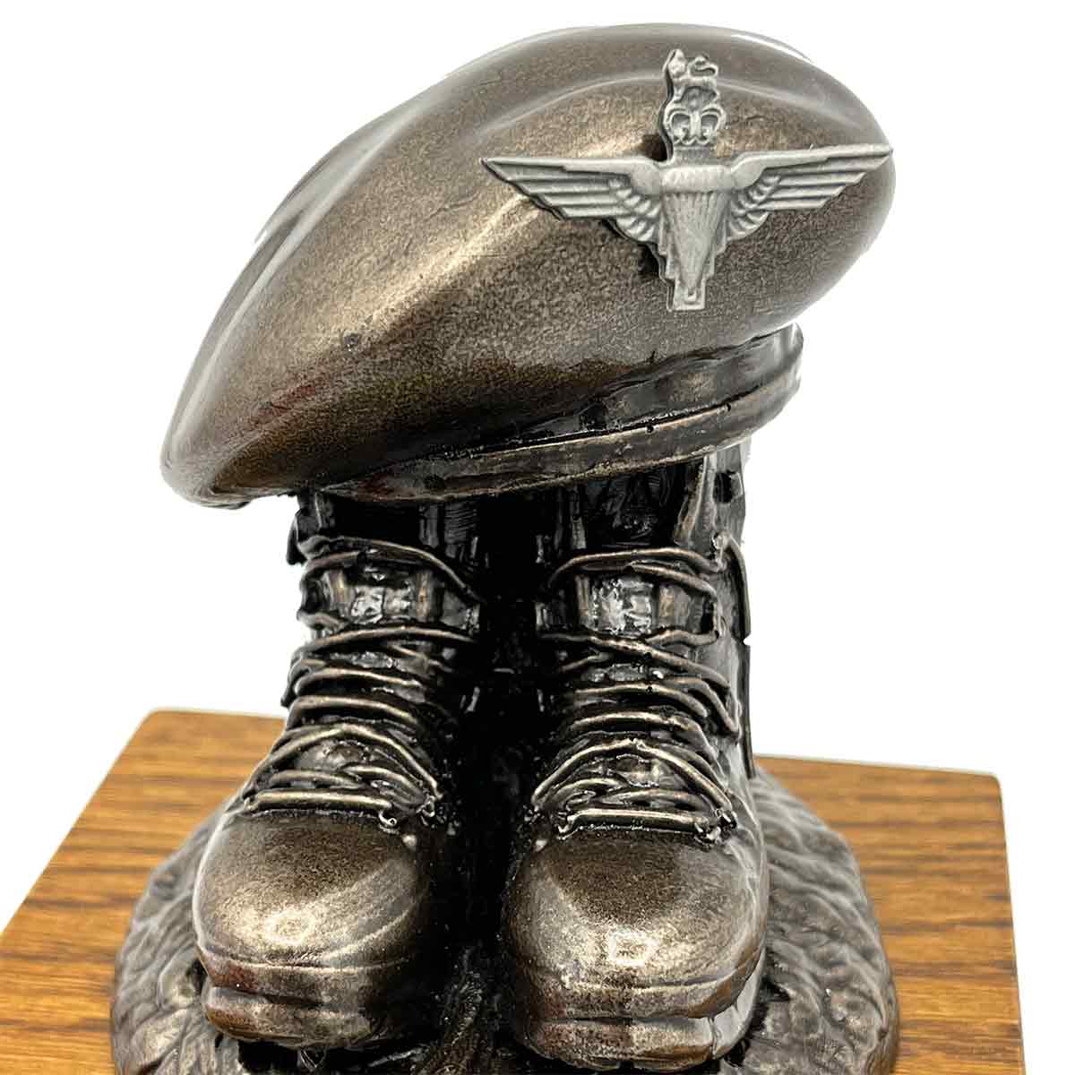 Beret and Boots Statue Bronze Resin on Oak Base | John Bulls with airborne insignia, detailed army sculpture for veterans.