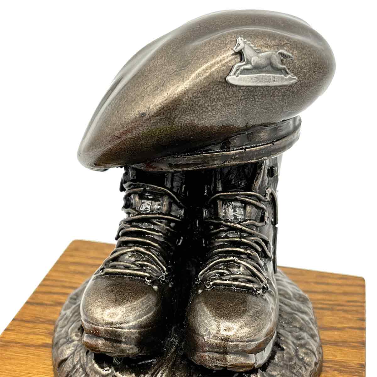 Beret and Boots Statue Bronze Resin on Oak Base | John Bulls with horse emblem, ideal for cavalry-themed military decor.