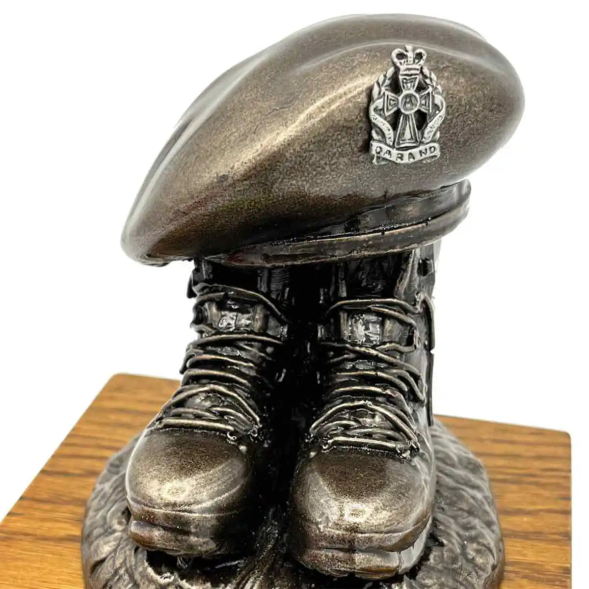 Bronze Resin Beret and Boots Statue on Oak Base | John Bulls with QARANC badge, perfect for army medical corps tribute. Pewter Badge from John Bull Clothing