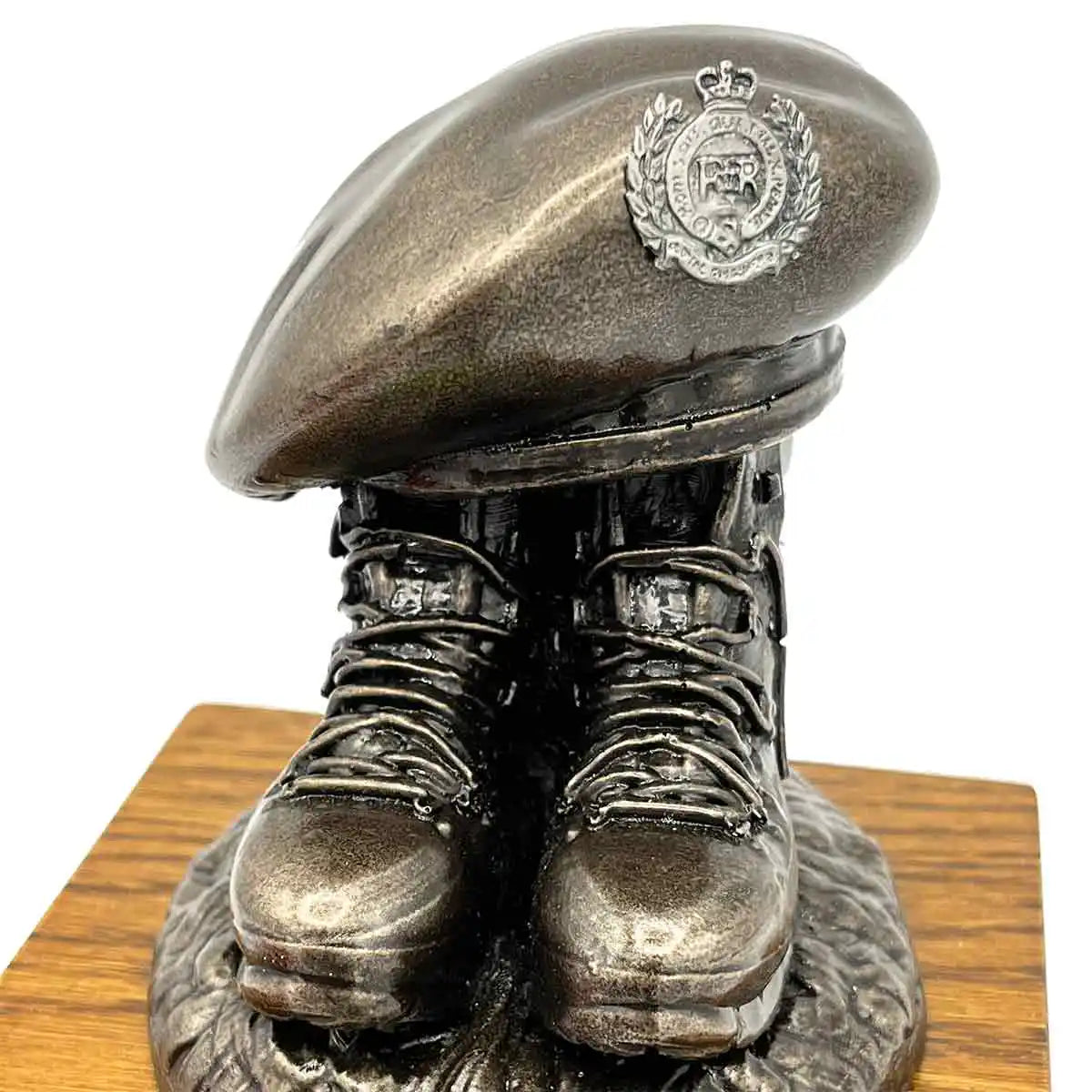 Bronze Resin Beret and Boots Statue on Oak Base | John Bulls with royal crest, customizable army sculpture for collectors. Pewter Badge from John Bull Clothing
