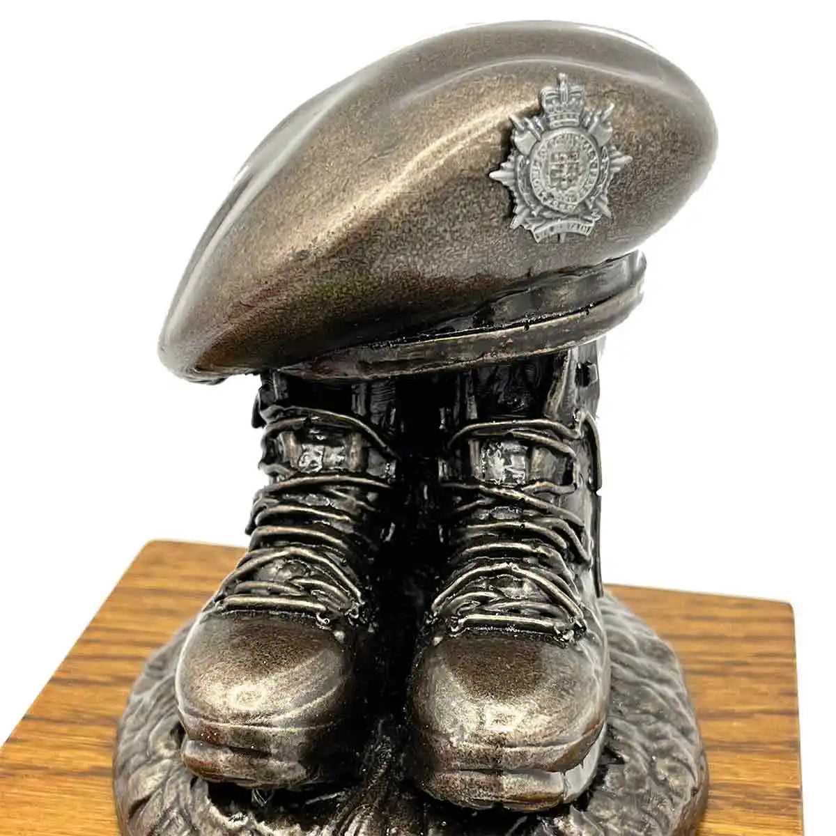 Beret and Boots Statue Bronze Resin on Oak Base | John Bulls with police-style crest, perfect for service commemorations. Pewter Badge from John Bull Clothing