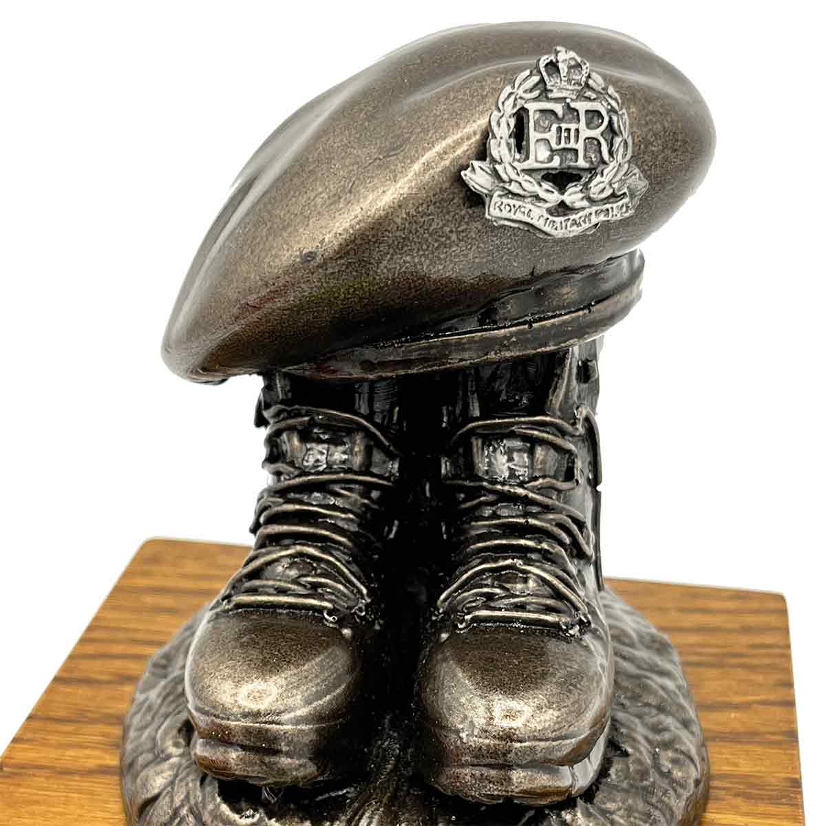 Bronze Beret and Boots Statue on Oak Base | John Bulls with ER crest, customizable military tribute sculpture.