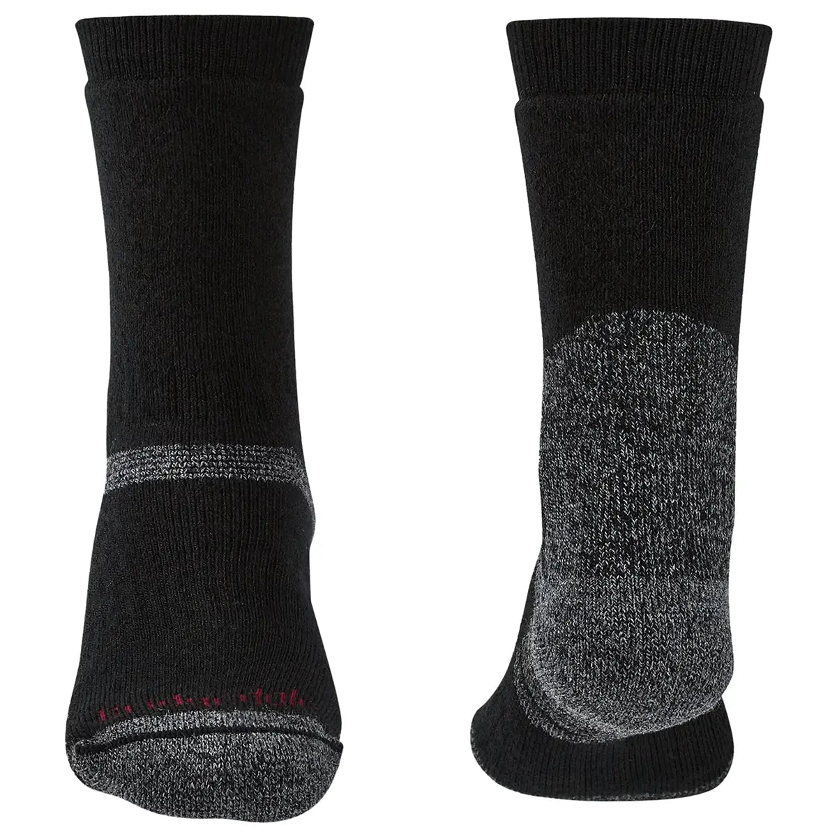 Back and sole view of Bridgedale Explorer Merino Heavyweight Boot Sock - John Bull in black, showing reinforced heel and toe for endurance.