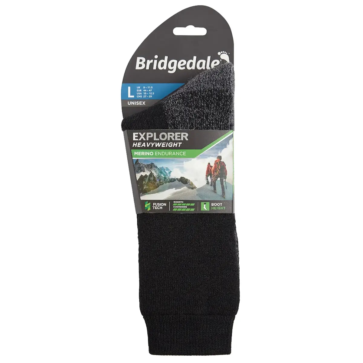 Retail packaging of Bridgedale Explorer Merino Heavyweight Boot Sock - John Bull in black, labeled for unisex use and outdoor performance.