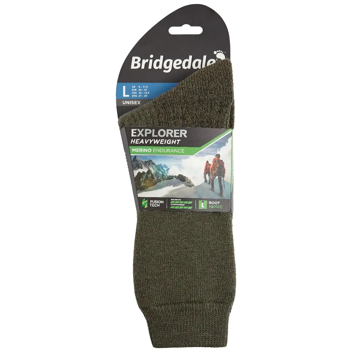 Packaged Bridgedale Explorer Merino Heavyweight Boot Sock - John Bull in green, featuring branding and product details for hiking and cold weather.