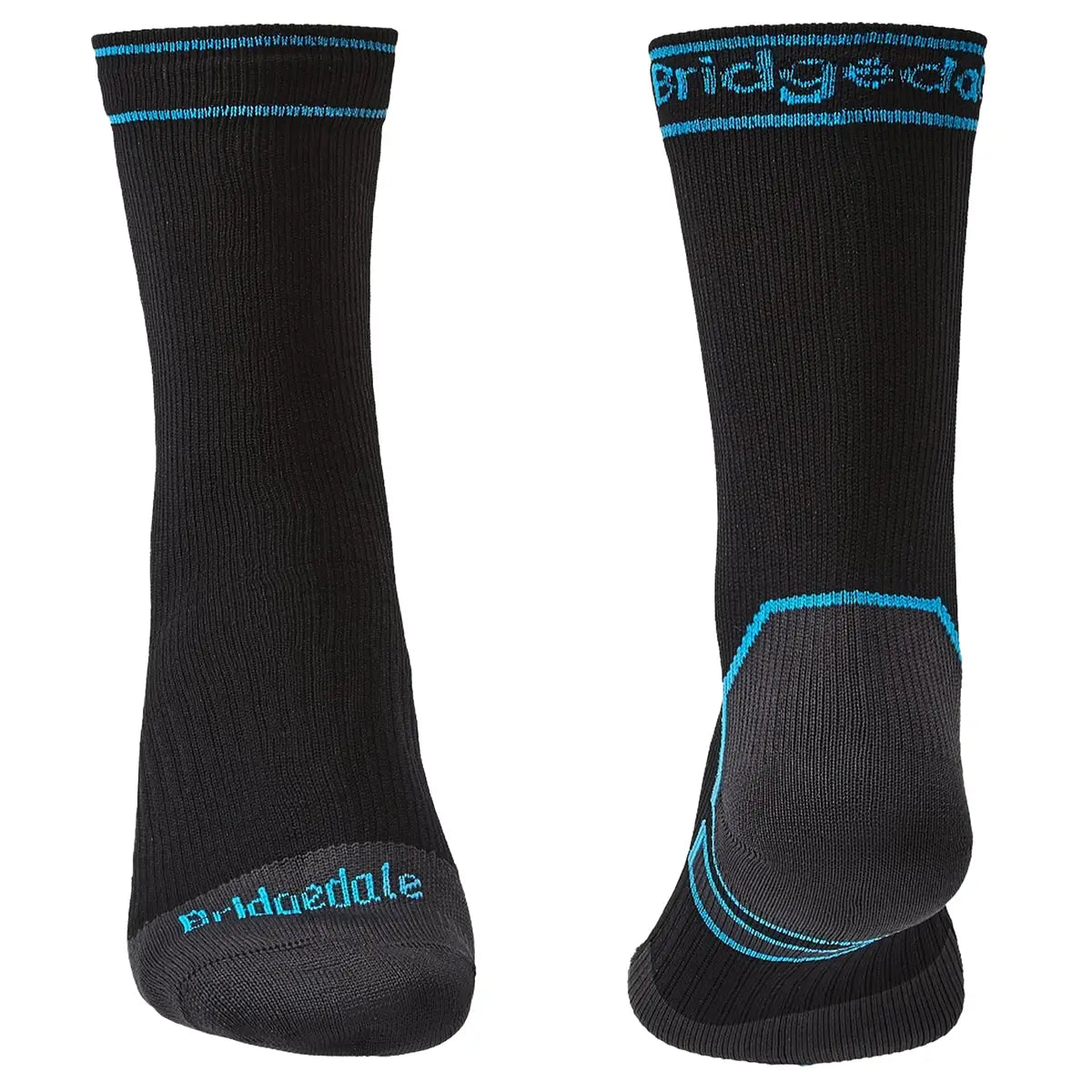 Rear and front view of Bridgedale Storm Waterproof Socks Midweight in black and blue, showcasing reinforced heel and toe for durability.