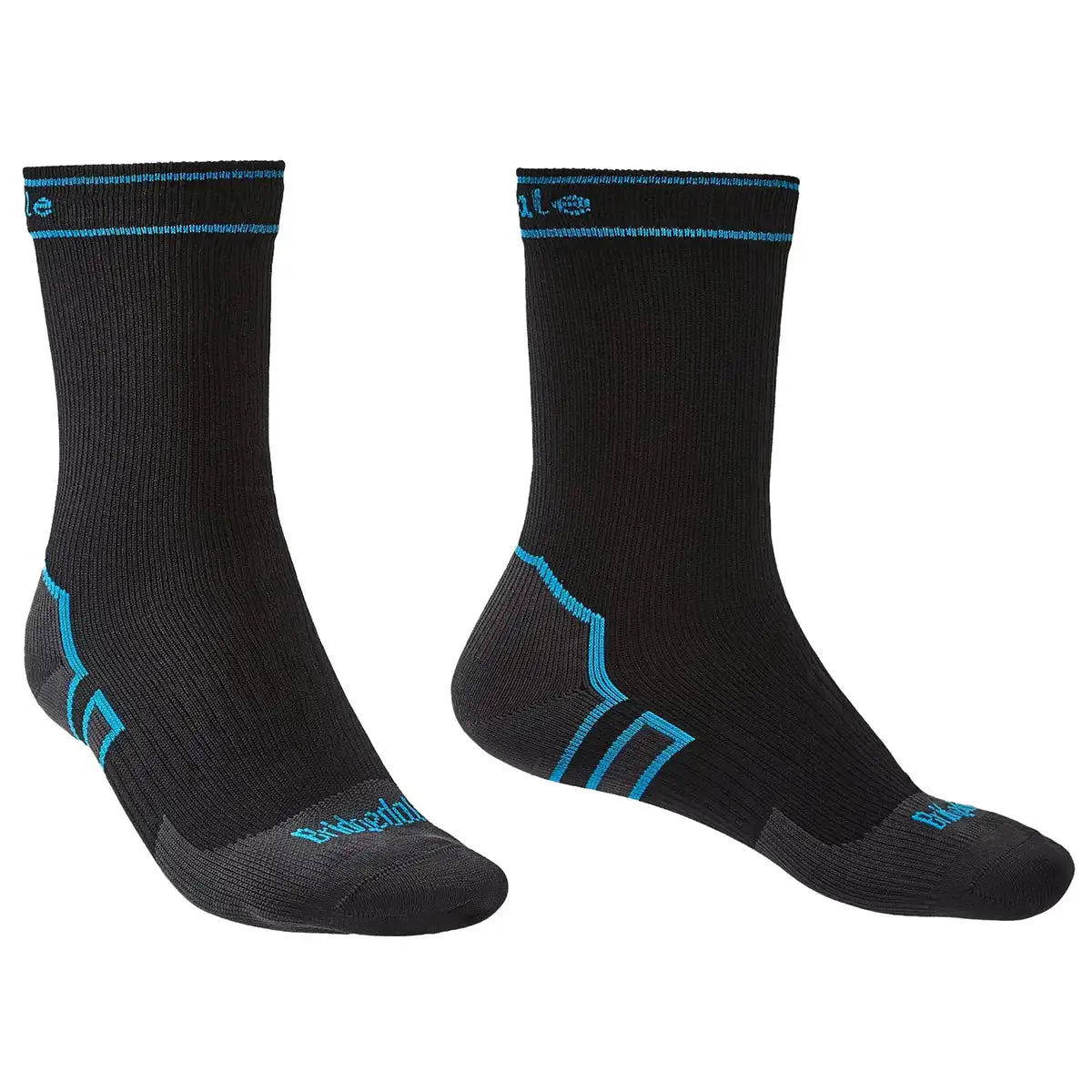 Bridgedale Storm Waterproof Socks Midweight in black with blue accents, designed for rugged use with breathable, windproof construction. Black from John Bull Clothing