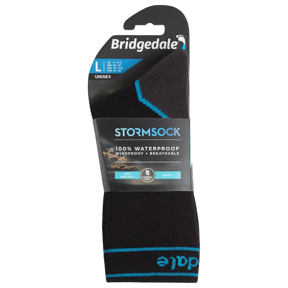 Packaged Bridgedale Storm Waterproof Socks Midweight in black/blue, labeled as 100% waterproof, breathable, and windproof for unisex use.