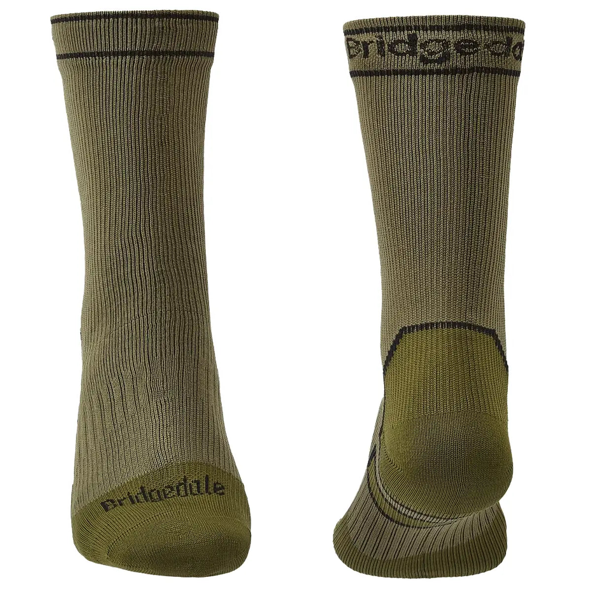 Back and front view of Bridgedale Storm Waterproof Socks Midweight in green/black, highlighting ergonomic fit and moisture-resistant fabric.