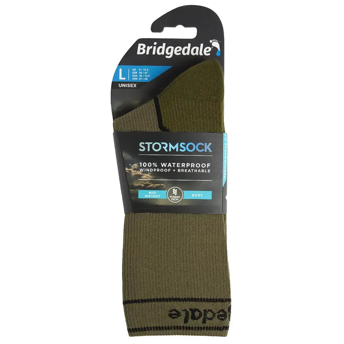 Retail packaging of Bridgedale Storm Waterproof Socks Midweight in green/black, featuring size L unisex label and waterproof performance tag. from John Bull Clothing