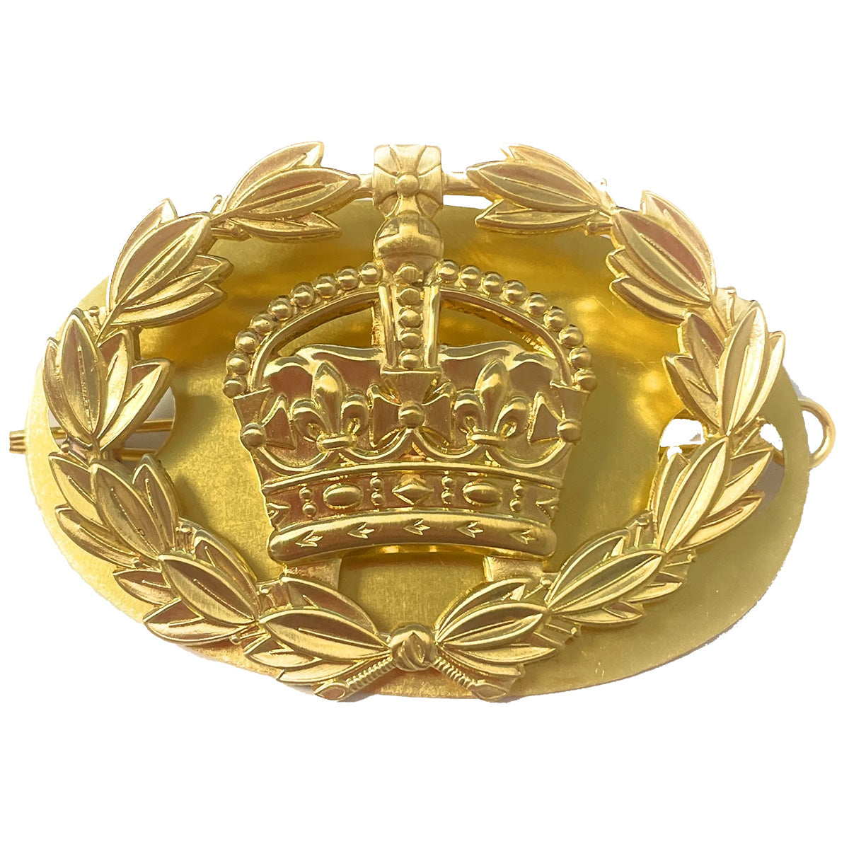 British Army Brass RQMS Crown and Laurel with Backing Plate for leather strap, featuring a detailed crown and laurel wreath design.