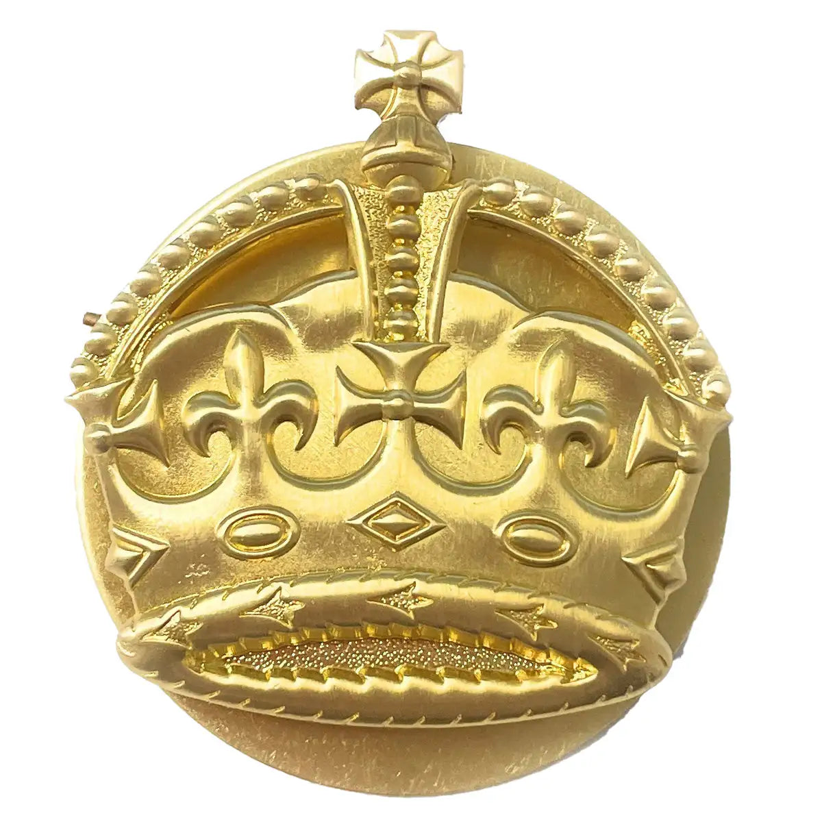British Army WO2 Brass Crown with backing plate, featuring a detailed embossed design. Made from brass with a polished finish, ideal for uniform insignia. Kings Tudor Crown from John Bull Clothing