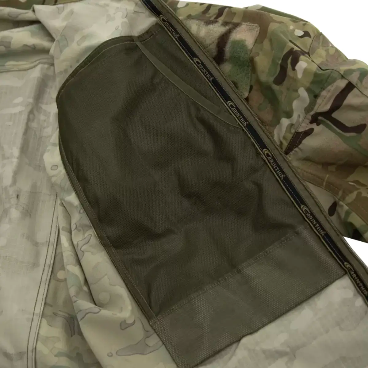 Light-colored camouflage jacket with zippered chest pocket and Velcro patch