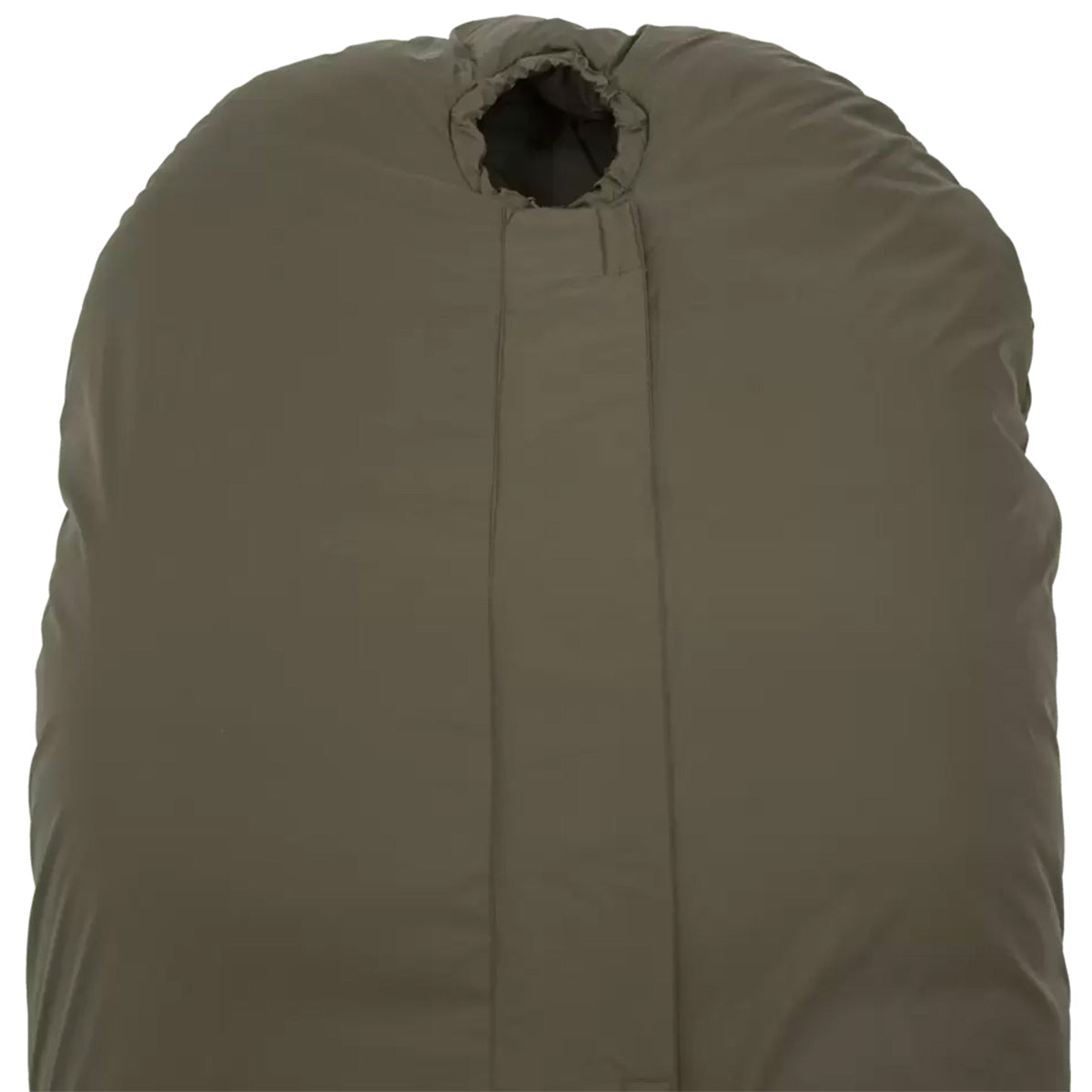 Close-up of the Carinthia Defence 4 Sleeping Bag Olive Green hood section, designed for enhanced head insulation in extreme weather conditions.